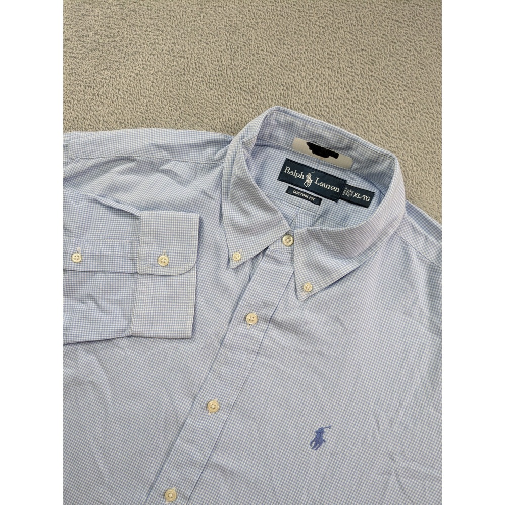 Polo Ralph Lauren Mens XL Custom Fit Blue Houndstooth Cotton Button Down Shirt